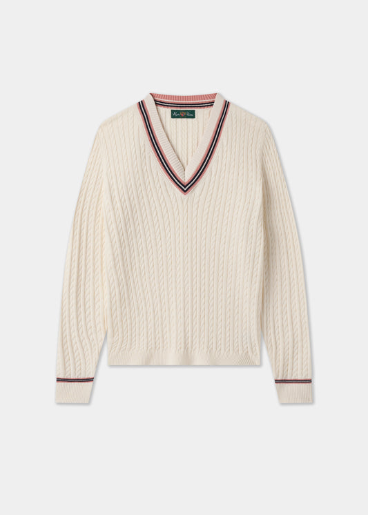 Ladies Cotton Cable Knit Cricket Jumper in White