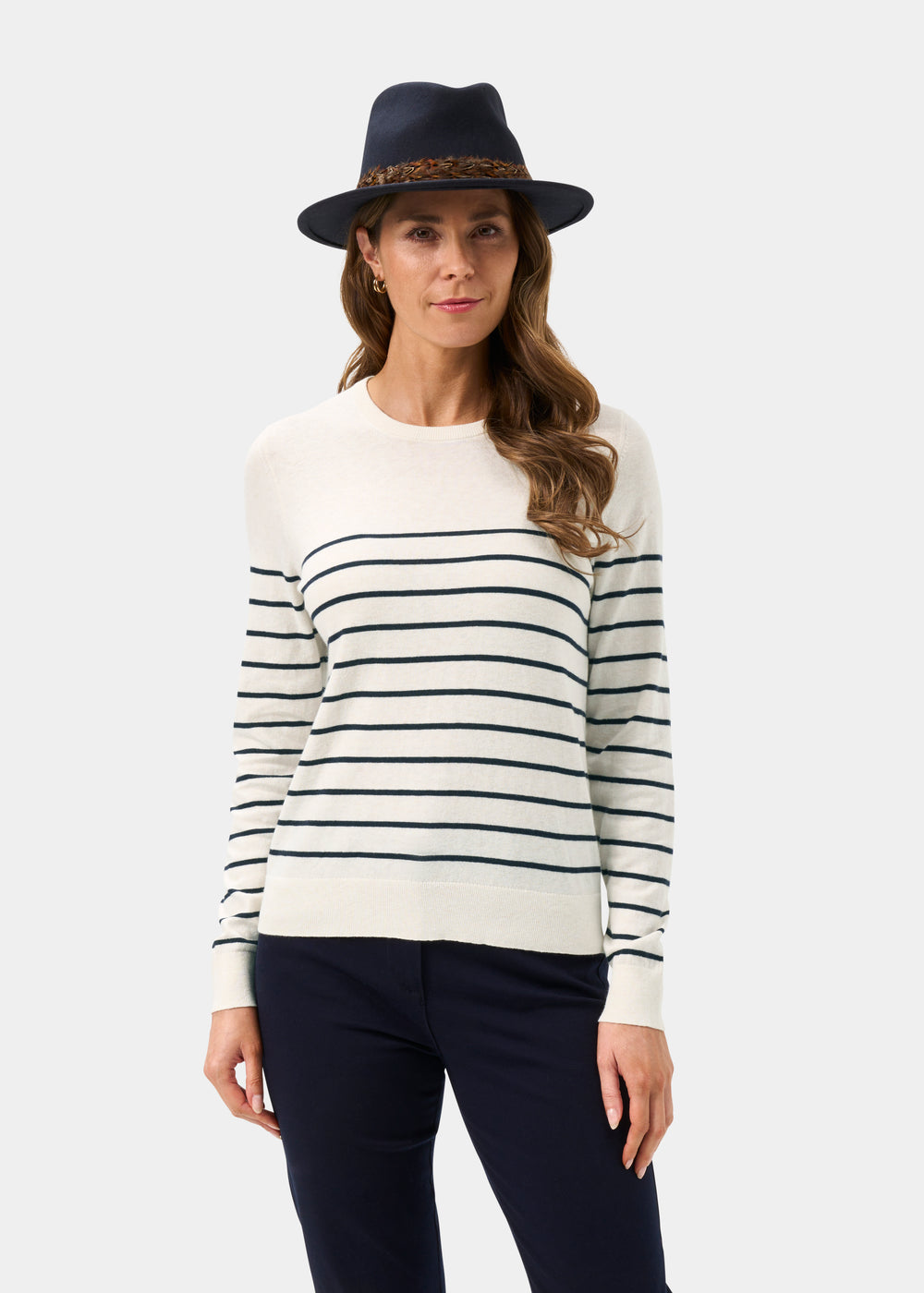 Ladies Cotton Cashmere Crew Neck Jumper in Cream and Brown