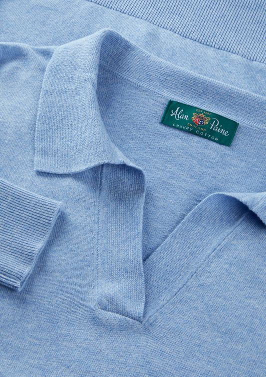 Ladies Cotton Cashmere Open Placket Jumper in Light Blue