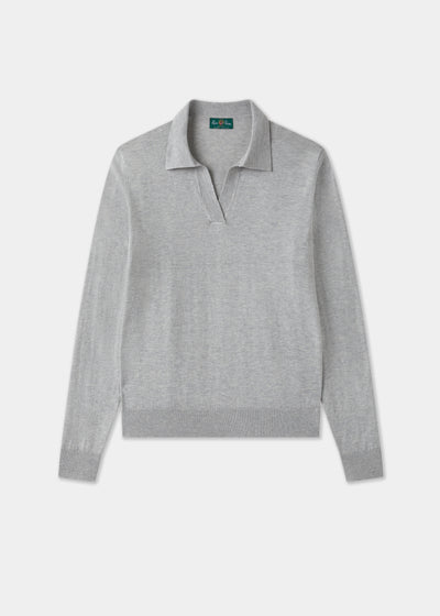 Ladies Cotton Cashmere Open Placket Jumper in Light Grey