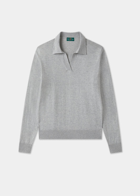 Ladies Cotton Cashmere Open Placket Jumper in Light Grey