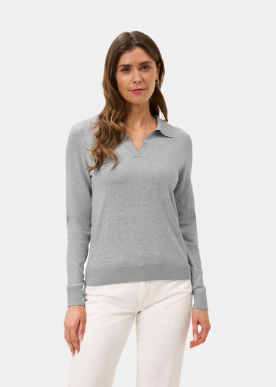 Ladies Cotton Cashmere Open Placket Jumper in Light Grey