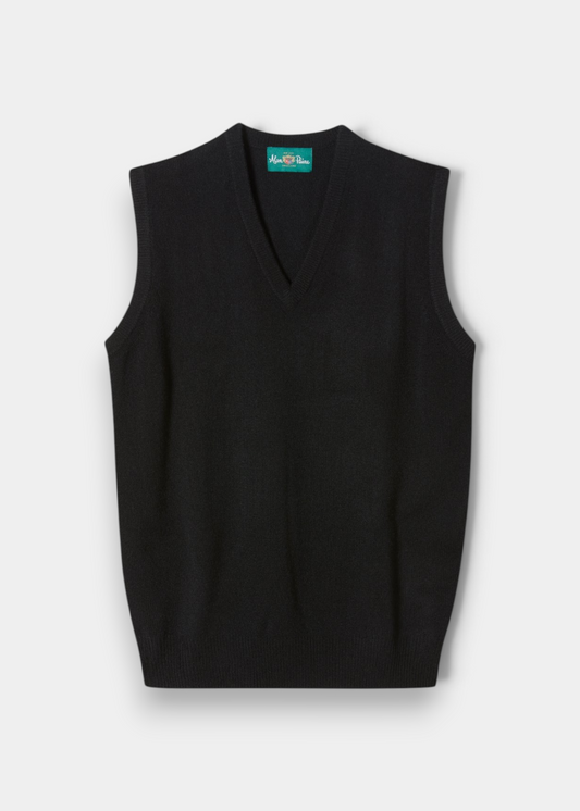 Norfolk Lambswool V-Neck Slipover In Black, a soft black lambswool V-neck sleeveless sweater.