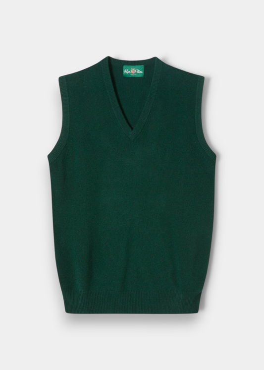 Norfolk Lambswool V-Neck Slipover In Tartan Green dark green V-neck sleeveless lambswool sweater.
