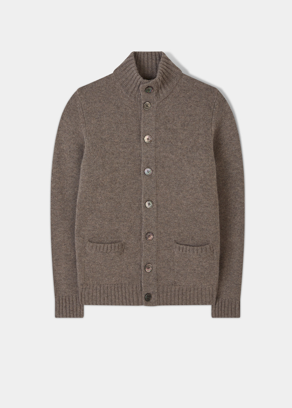 Landford lambswool mock neck jumper in vole, buttoned front, regular fit, laid flat on a white background.