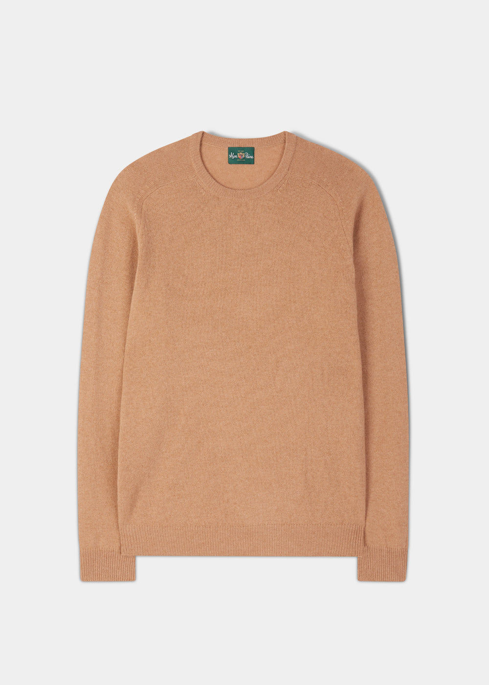 Lenzie Lambswool Crew Neck Jumper in Camel, regular fit, is laid flat with long sleeves on a white background.