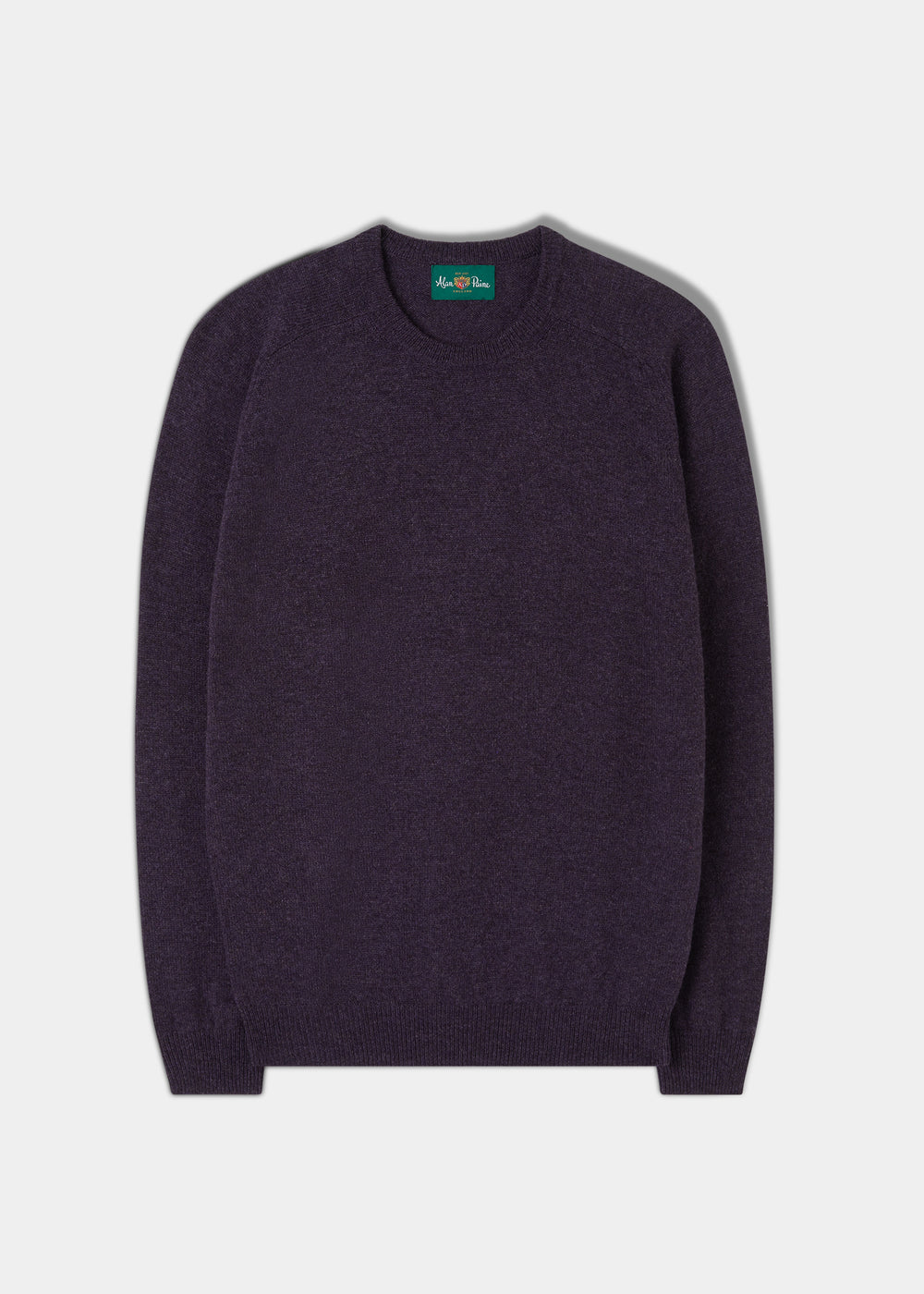 Lenzie Lambswool Crew Neck Jumper in Elderberry, regular fit, long sleeves, green label, laid flat on white.