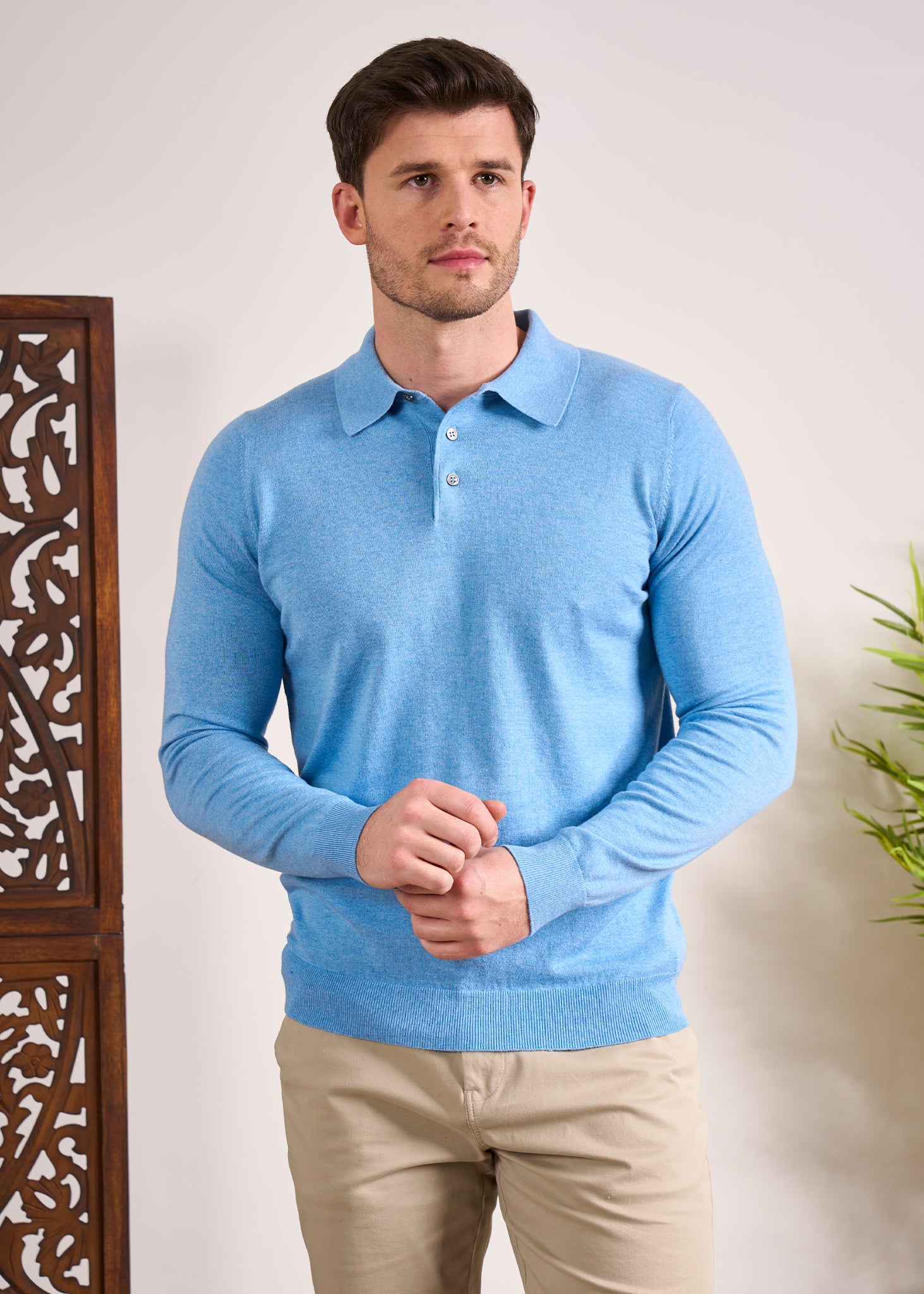 Luxury Cotton Long Sleeve Polo Shirt In Carolina Blue Alan Paine