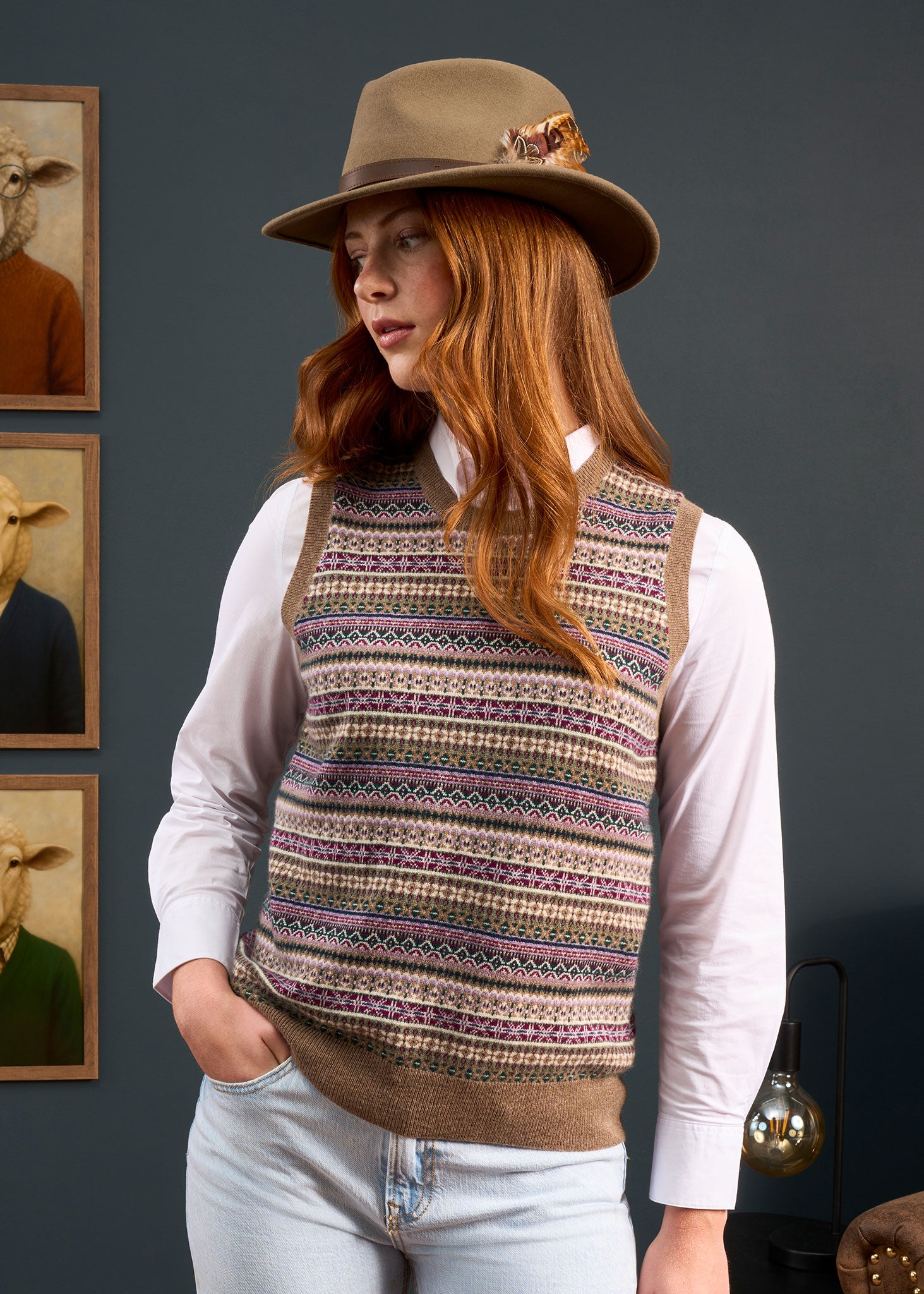 Mae Ladies Luxury Fair Isle Jumper In Pecan and Lilac