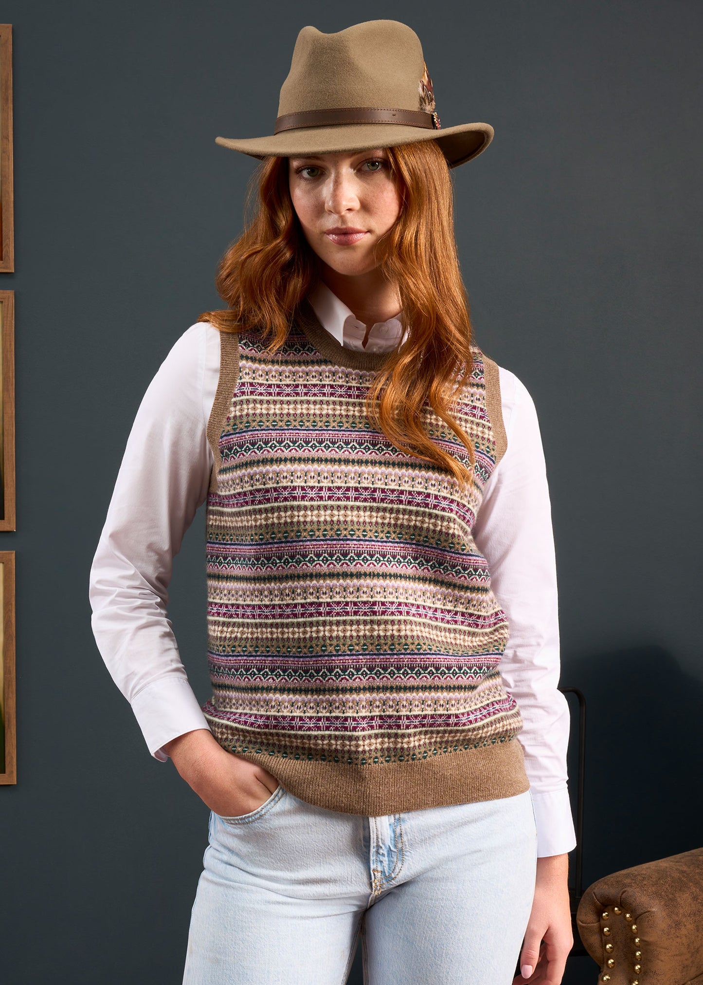 Mae Ladies Luxury Fair Isle Jumper In Pecan and Lilac