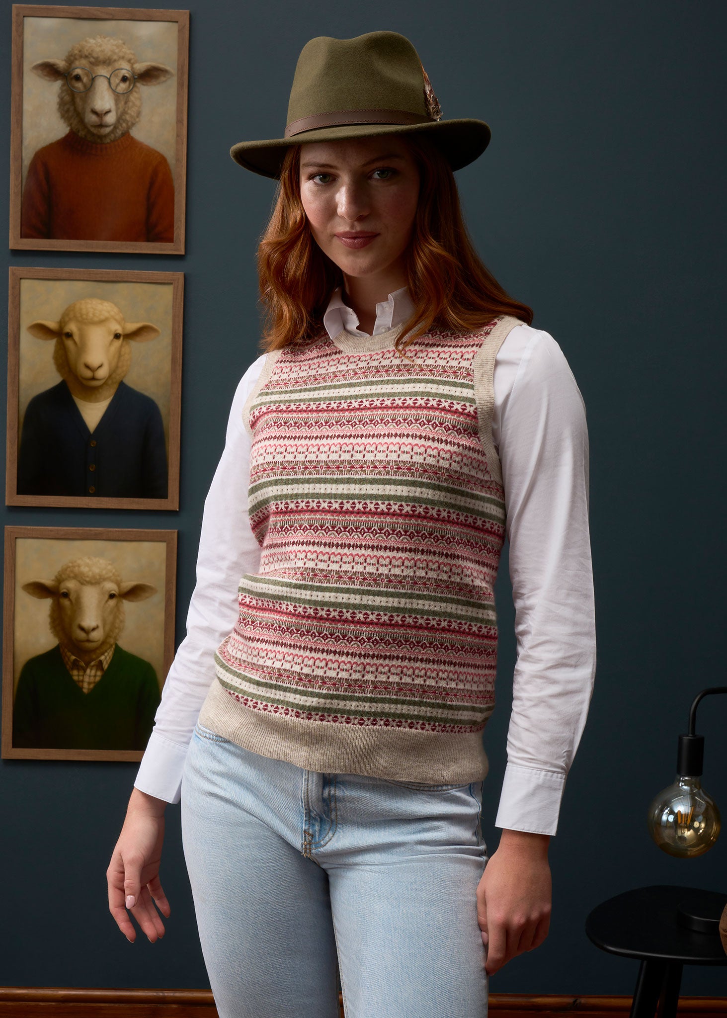 Mae Ladies Luxury Fair Isle Jumper In Porridge and Red