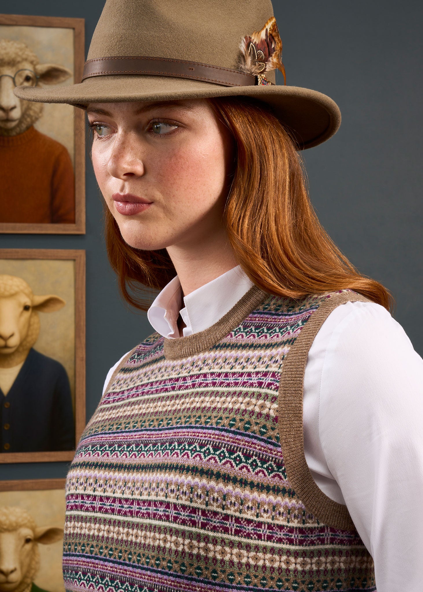 Mae Ladies Luxury Fair Isle Jumper In Porridge and Red