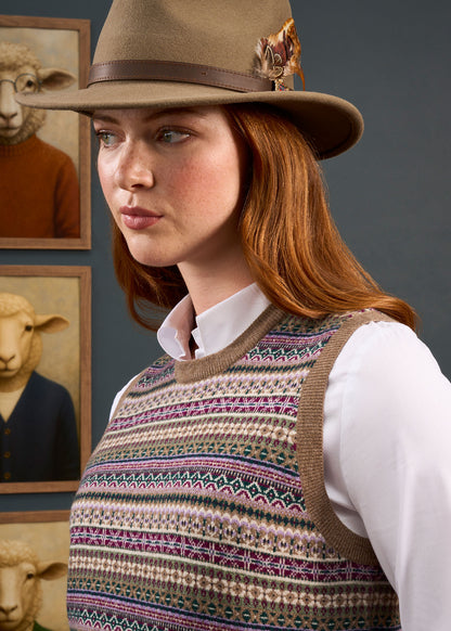 Mae Ladies Luxury Fair Isle Jumper In Porridge and Red