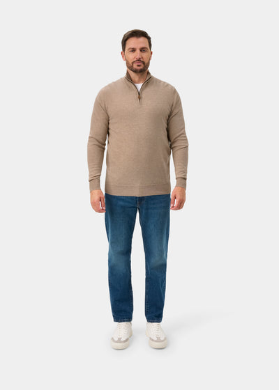 Hanbury Cashmere Zipped Mock Neck Jumper in Linen - Regular Fit