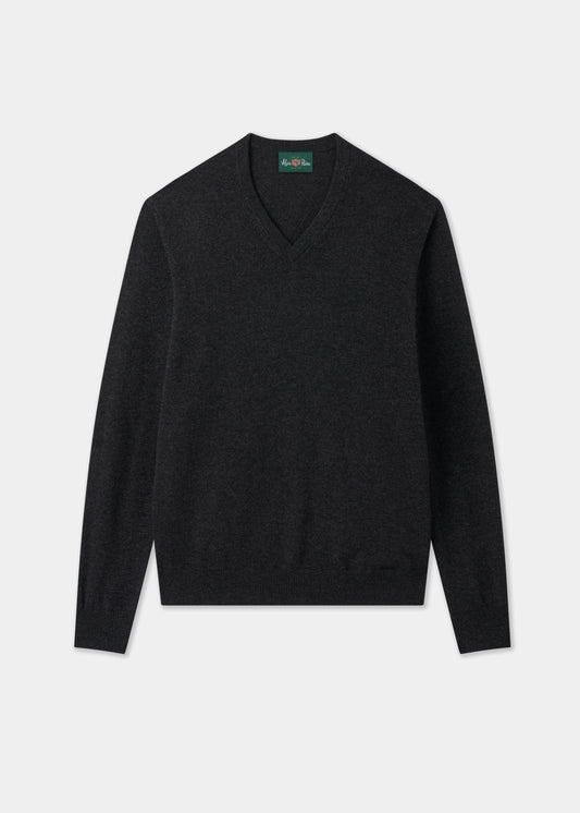Men's Cashmere Vee Neck Jumper in Charcoal