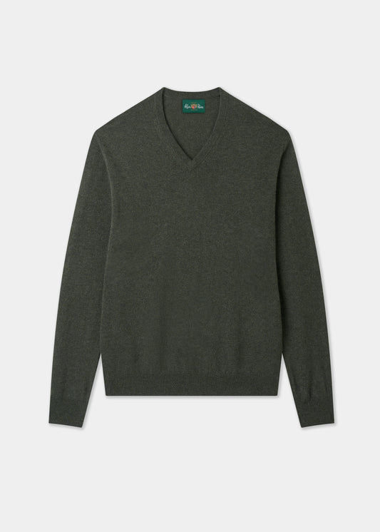 Men's Cashmere Vee Neck Jumper in Rosemary