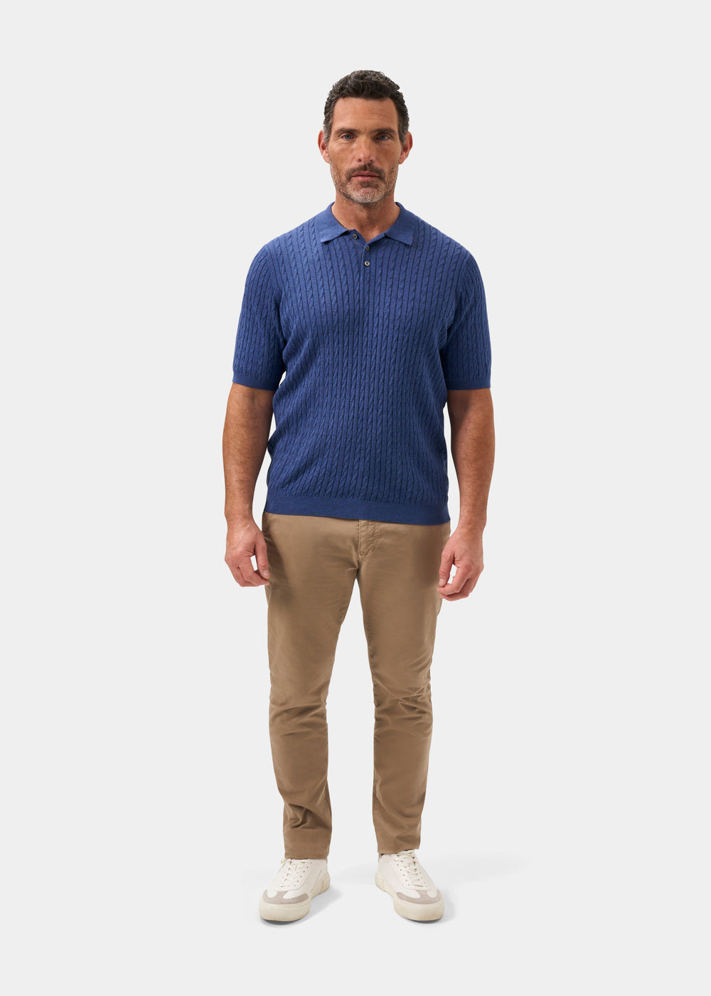 Men's Cotton Cable Polo Shirt in Blue
