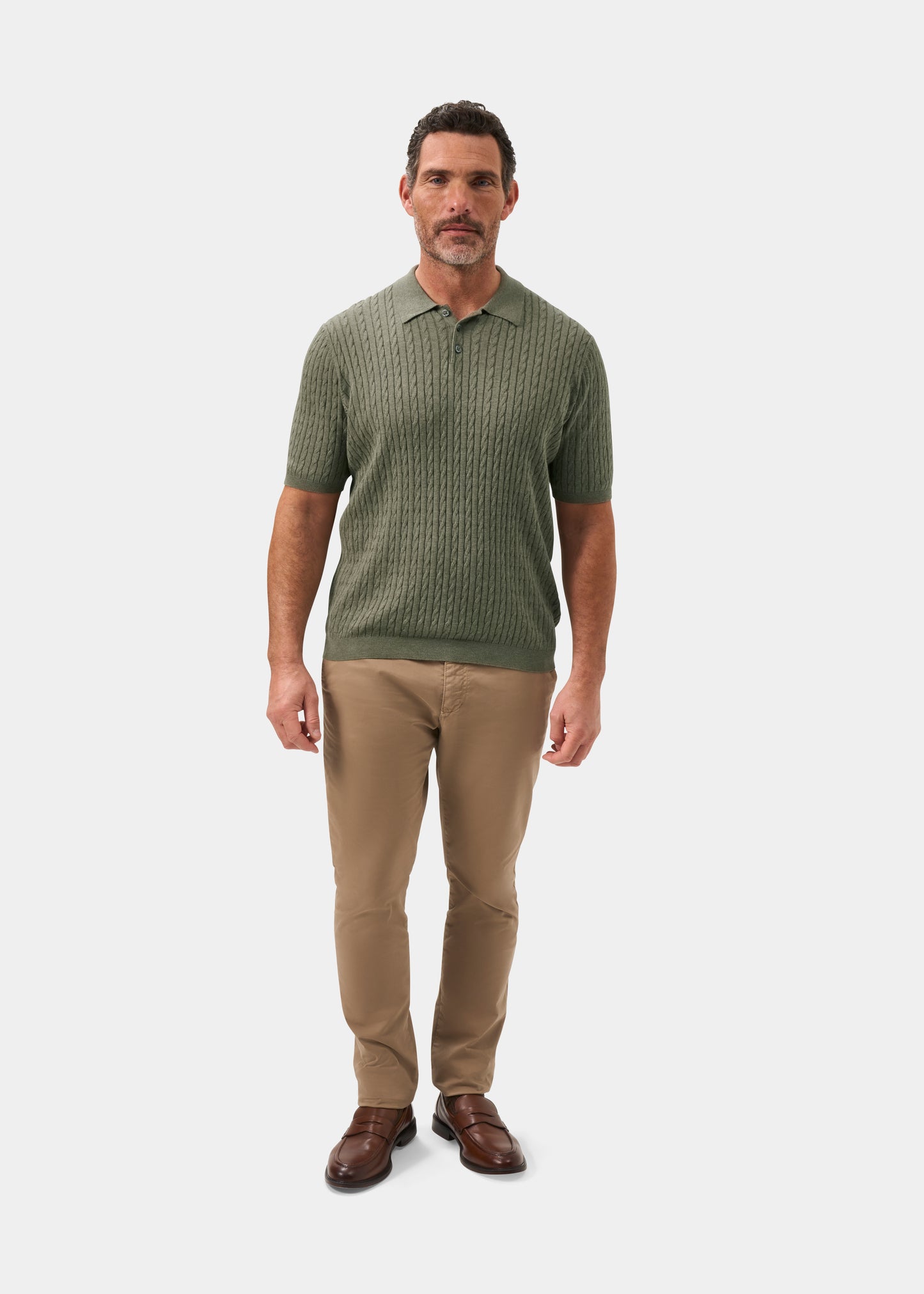 Men's Cotton Cable Polo Shirt in Green