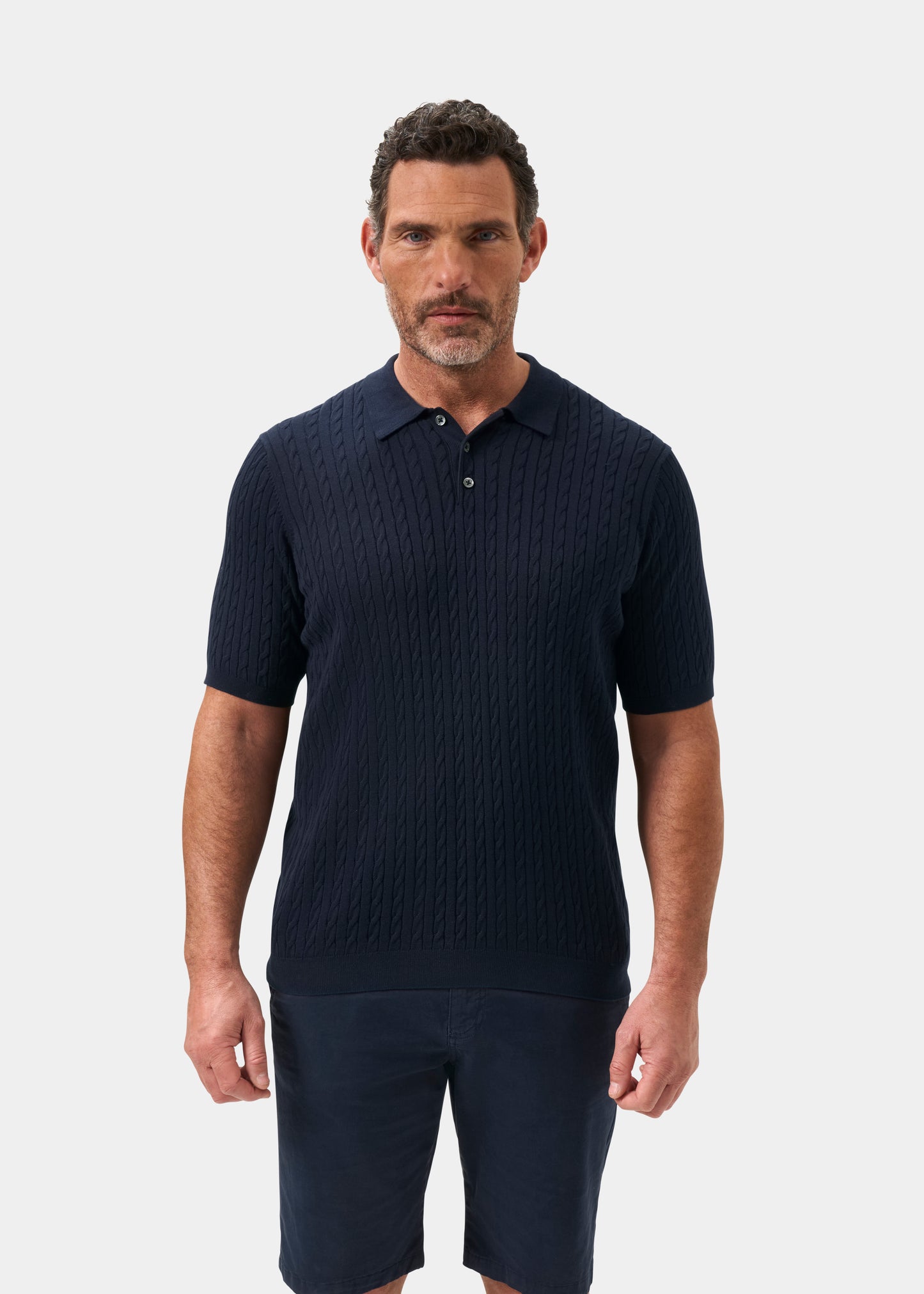 Men's Cotton Cable Polo Shirt in Navy