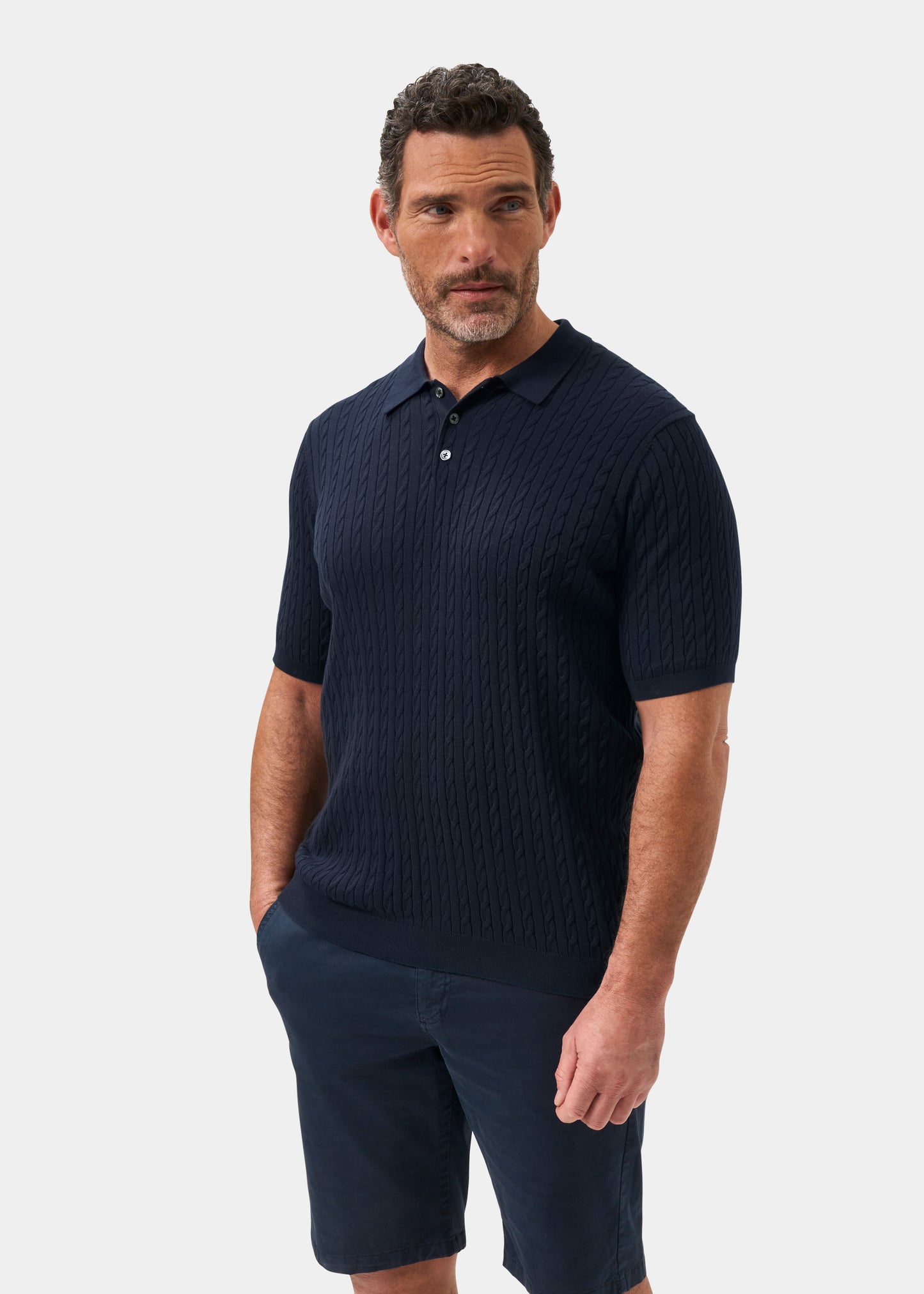 Men's Cotton Cable Polo Shirt in Navy