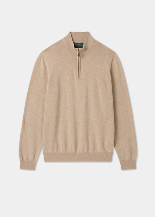 Mens Cotton Cashmere Quarter Zip Jumper in Beige