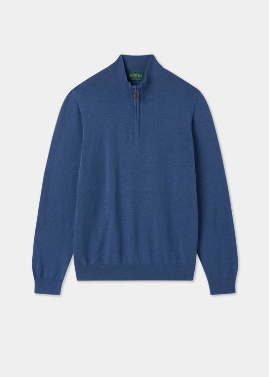 Mens Cotton Cashmere Quarter Zip Jumper in Indigo