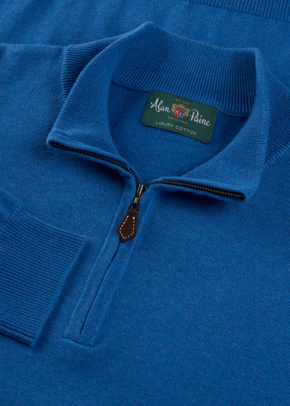 Mens Cotton Cashmere Quarter Zip Jumper in Blue