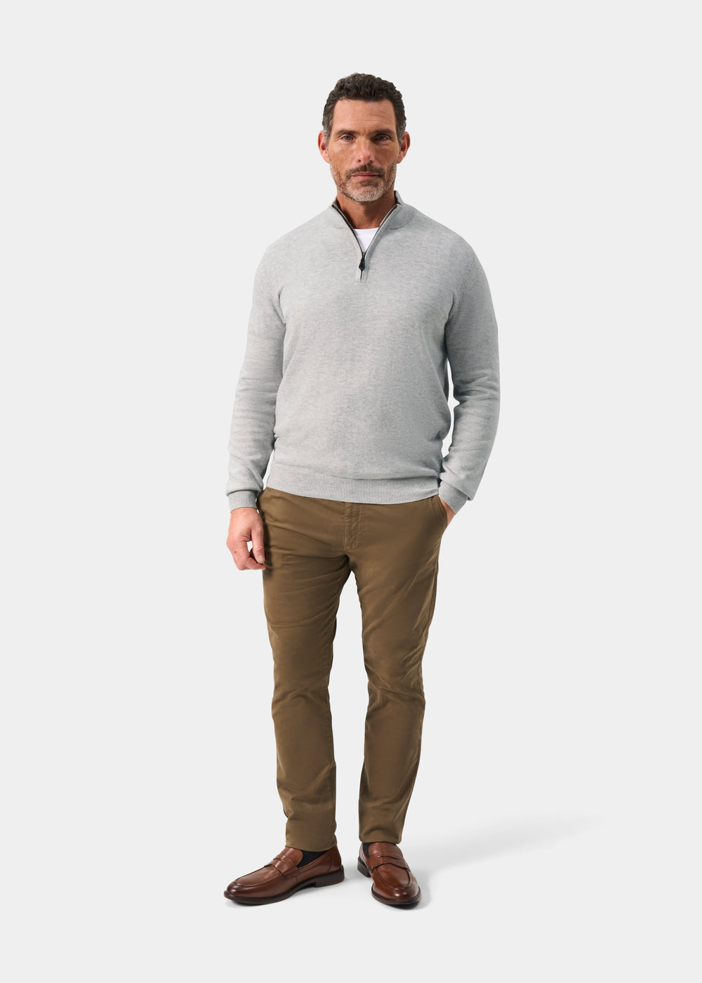 Men's Cotton Cashmere Quarter Zip Jumper in Light Grey