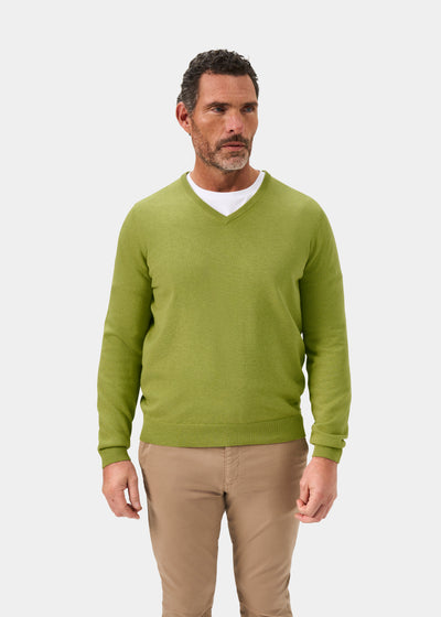 Men's Cotton Cashmere Vee Neck Jumper in Green