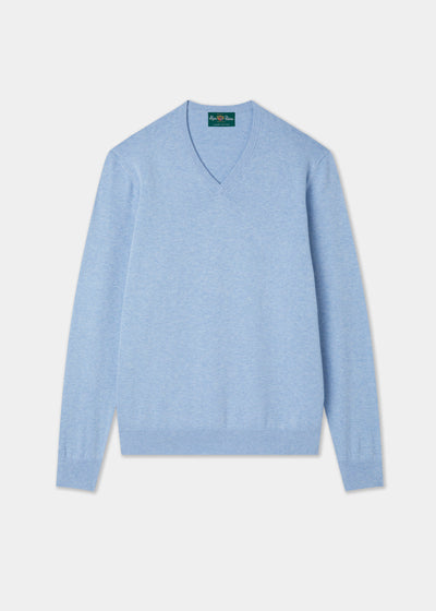 Men's Cotton Cashmere Vee Neck Jumper in Light Blue