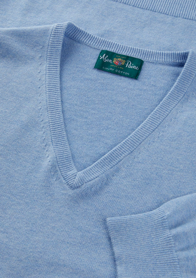 Men's Cotton Cashmere Vee Neck Jumper in Light Blue