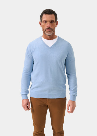 Men's Cotton Cashmere Vee Neck Jumper in Light Blue
