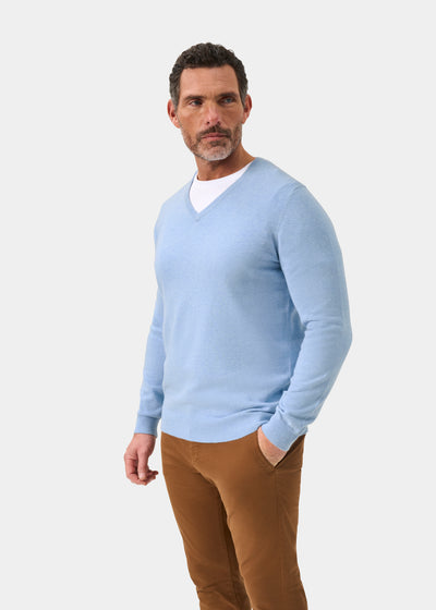 Men's Cotton Cashmere Vee Neck Jumper in Light Blue
