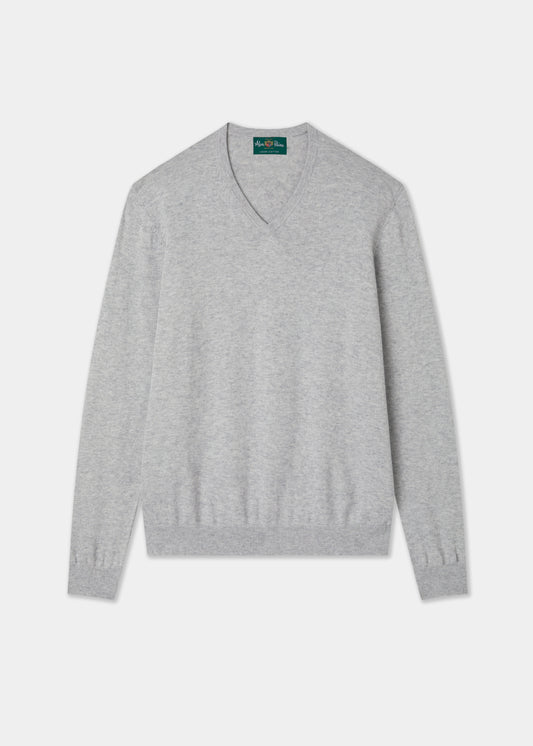 Men's Cotton Cashmere Vee Neck Jumper in Light Grey