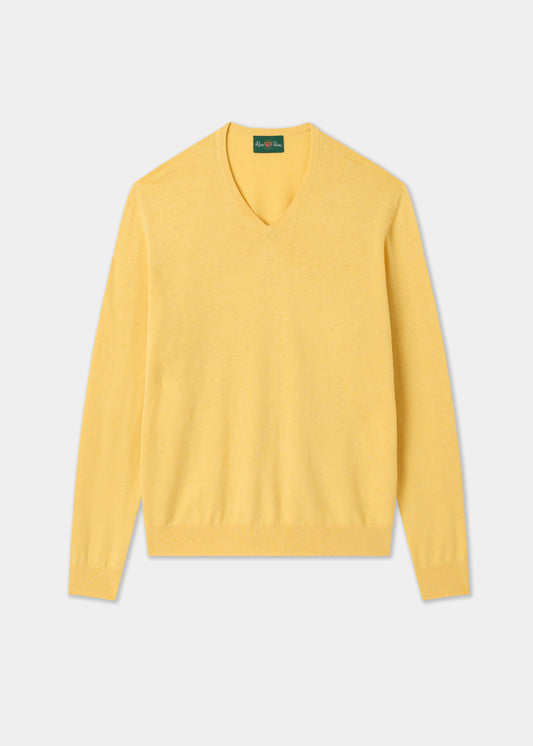 Men's Cotton Cashmere Vee Neck Jumper in Yellow