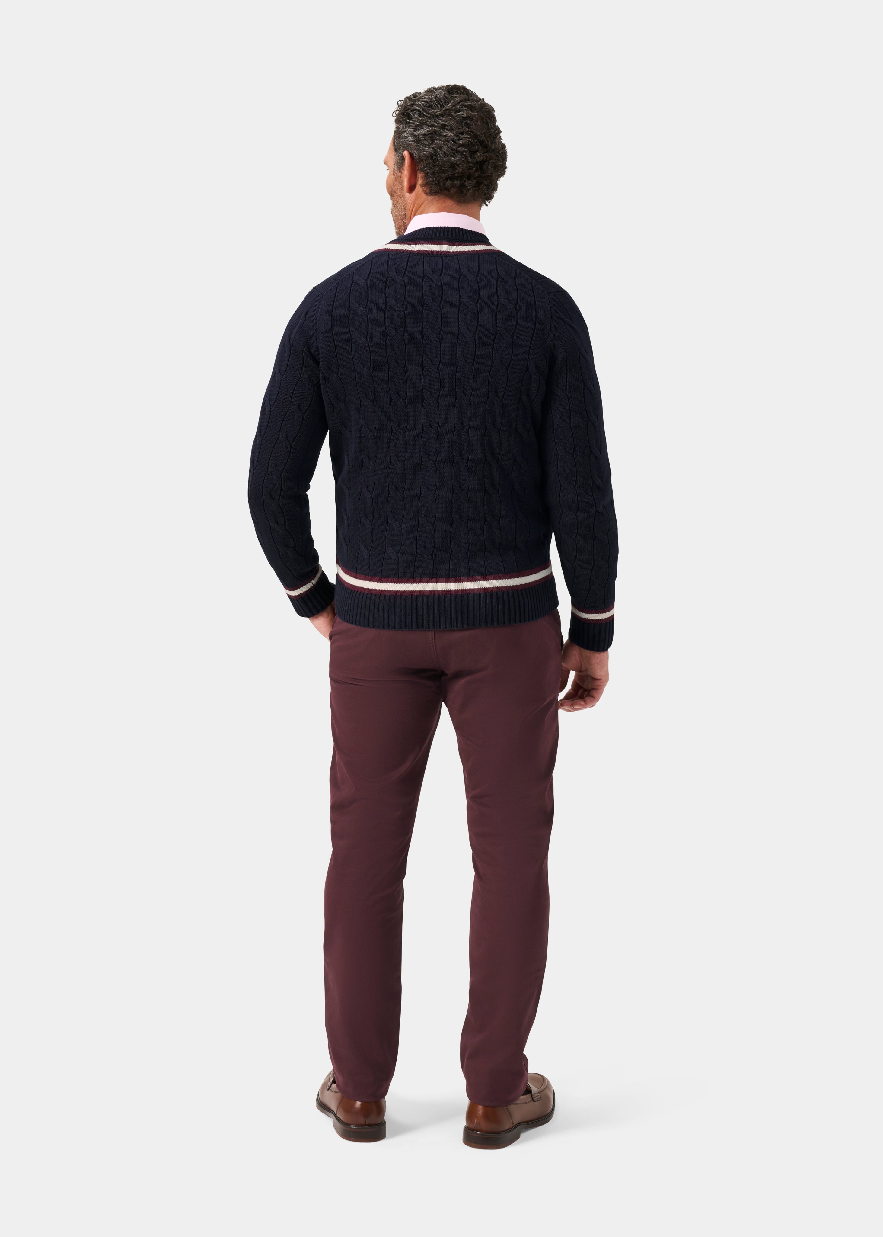 Men's Cable Knit Cricket Jumper In Dark Navy and Blackcurrant