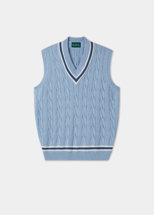 Men's Cotton Vee Neck Slipover Cricket Jumper in Light Blue and Navy