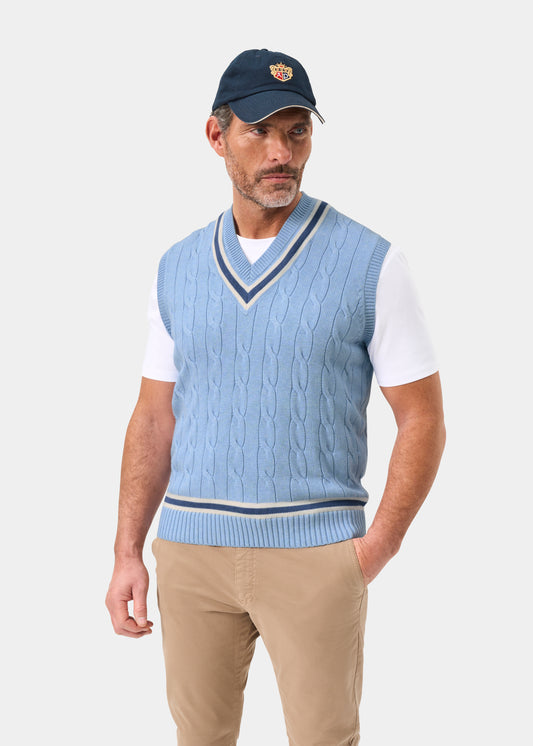 Men's Cotton Vee Neck Slipover Cricket Jumper in Light Blue and Navy