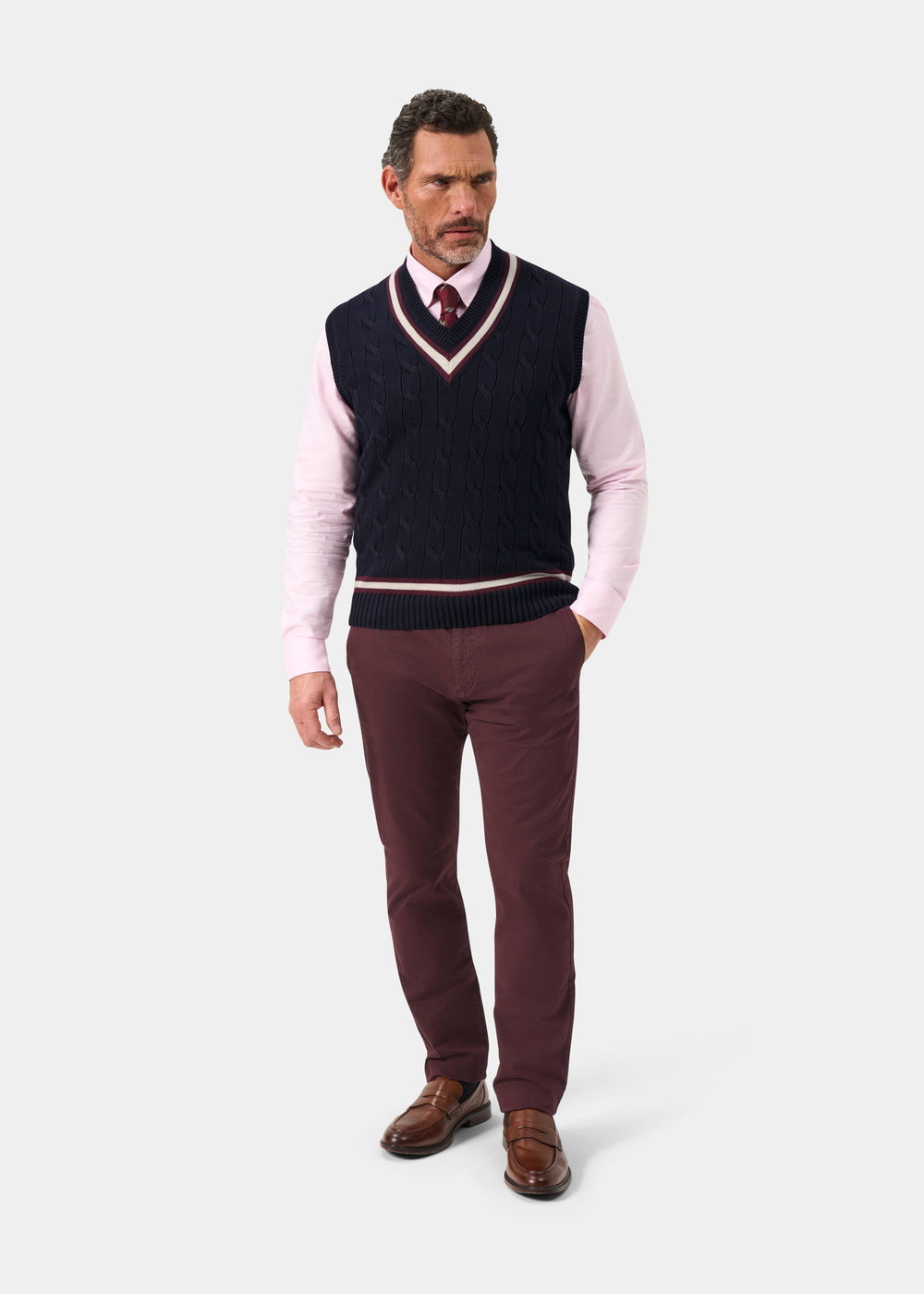 Men's Cotton Vee Neck Slipover Cricket Jumper in Navy and Purple