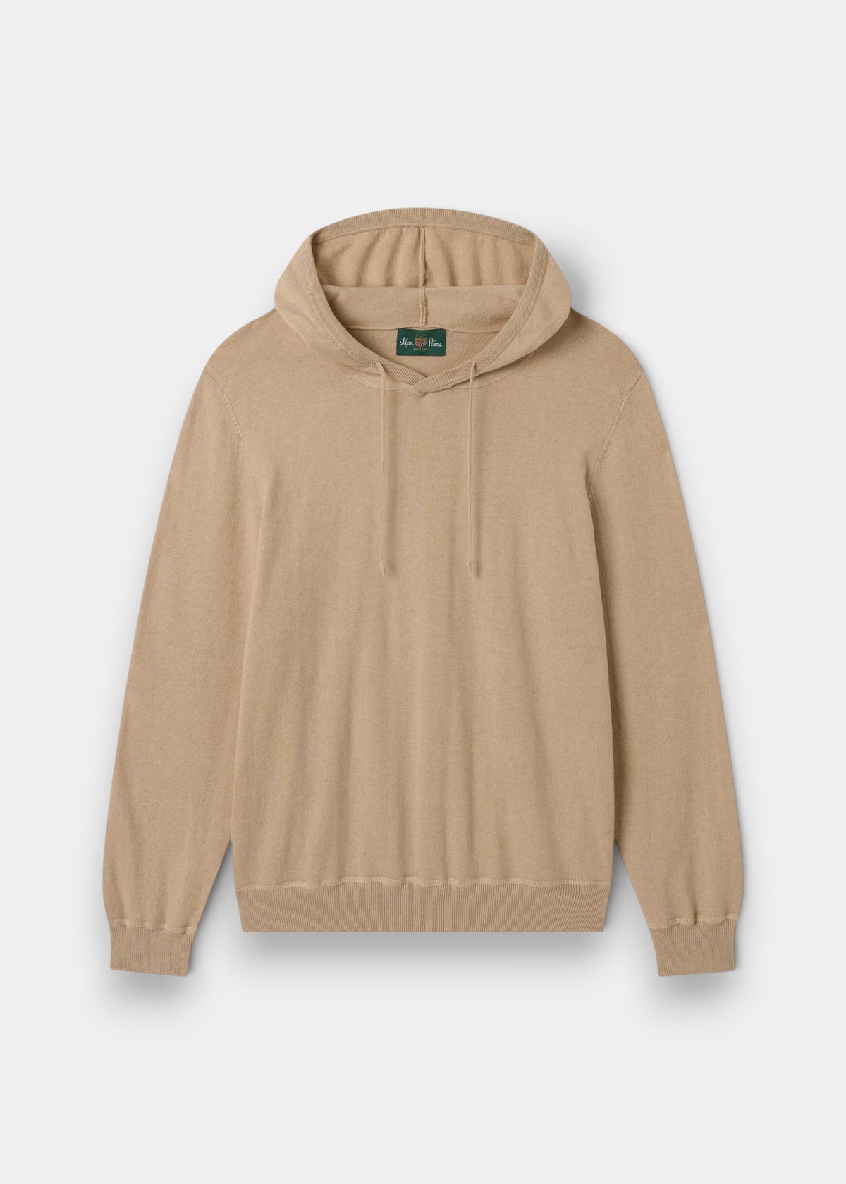 Gaisby Cotton Merino Hoodie in Oatmeal, regular fit, with drawstrings and ribbed cuffs, shown flat on white background.