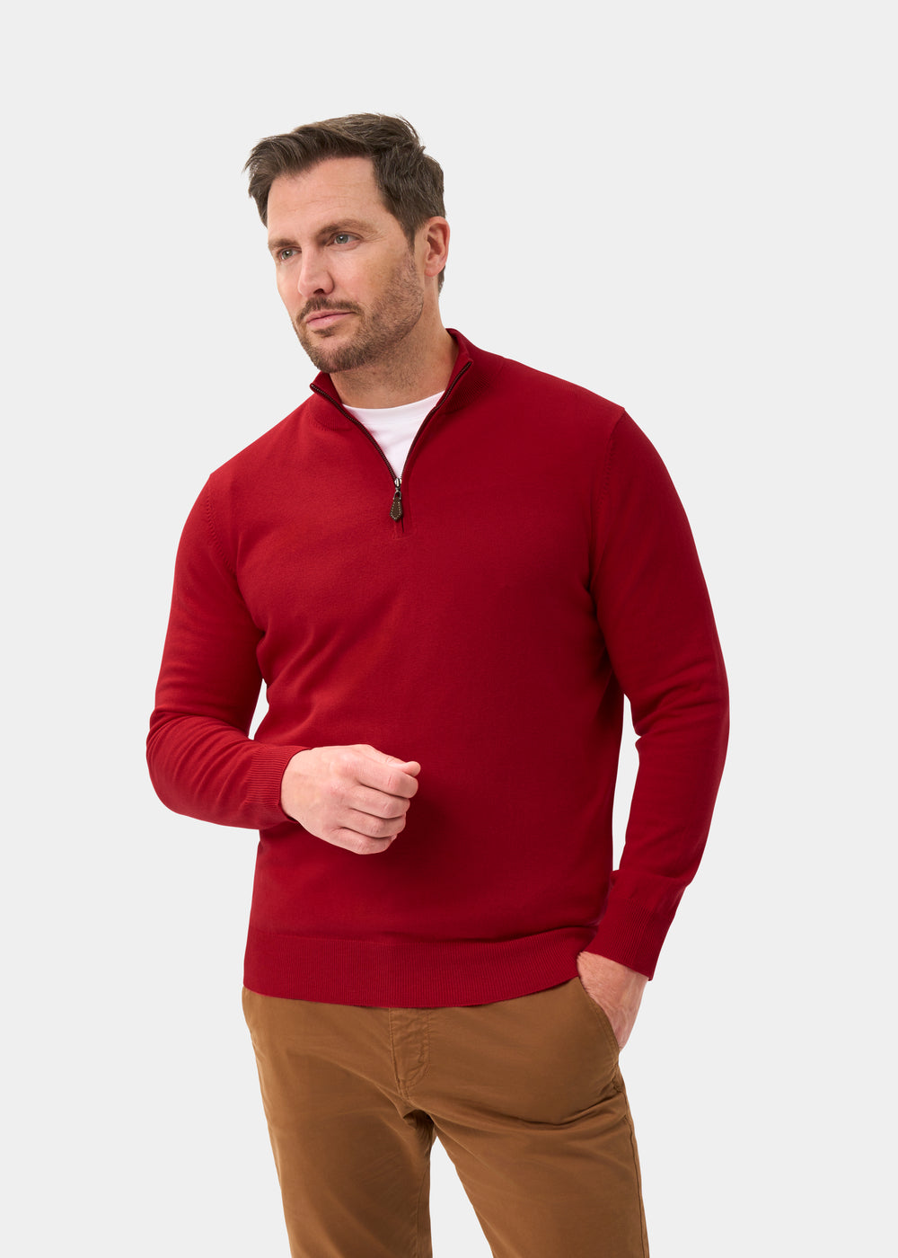 Men's Cotton Merino Quarter Zip Neck Jumper in Red