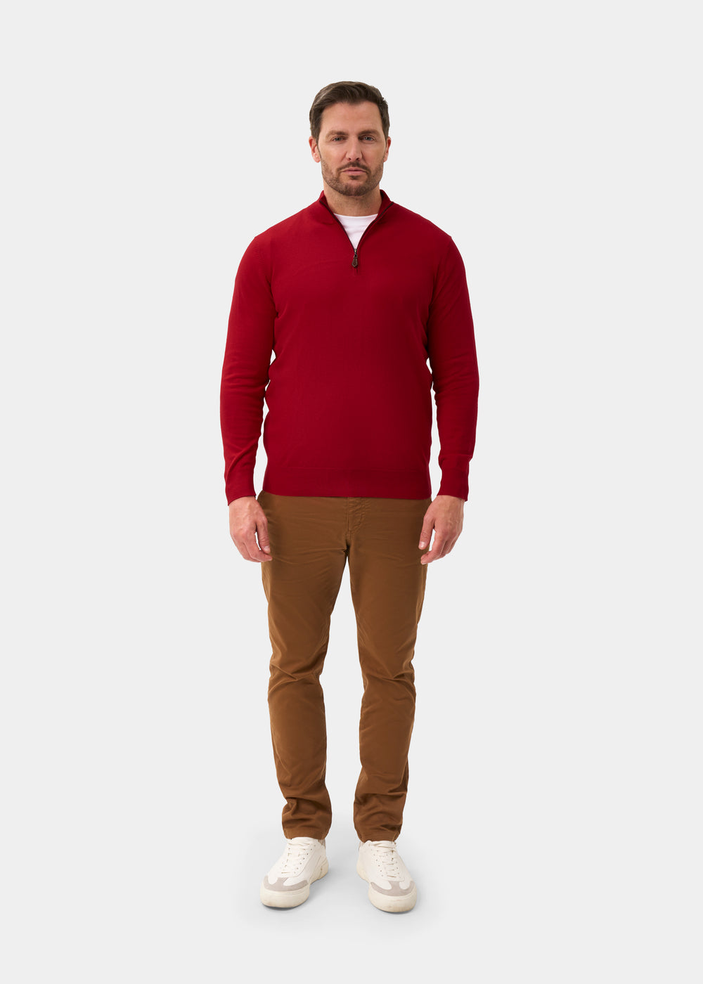 Men's Cotton Merino Quarter Zip Neck Jumper in Red