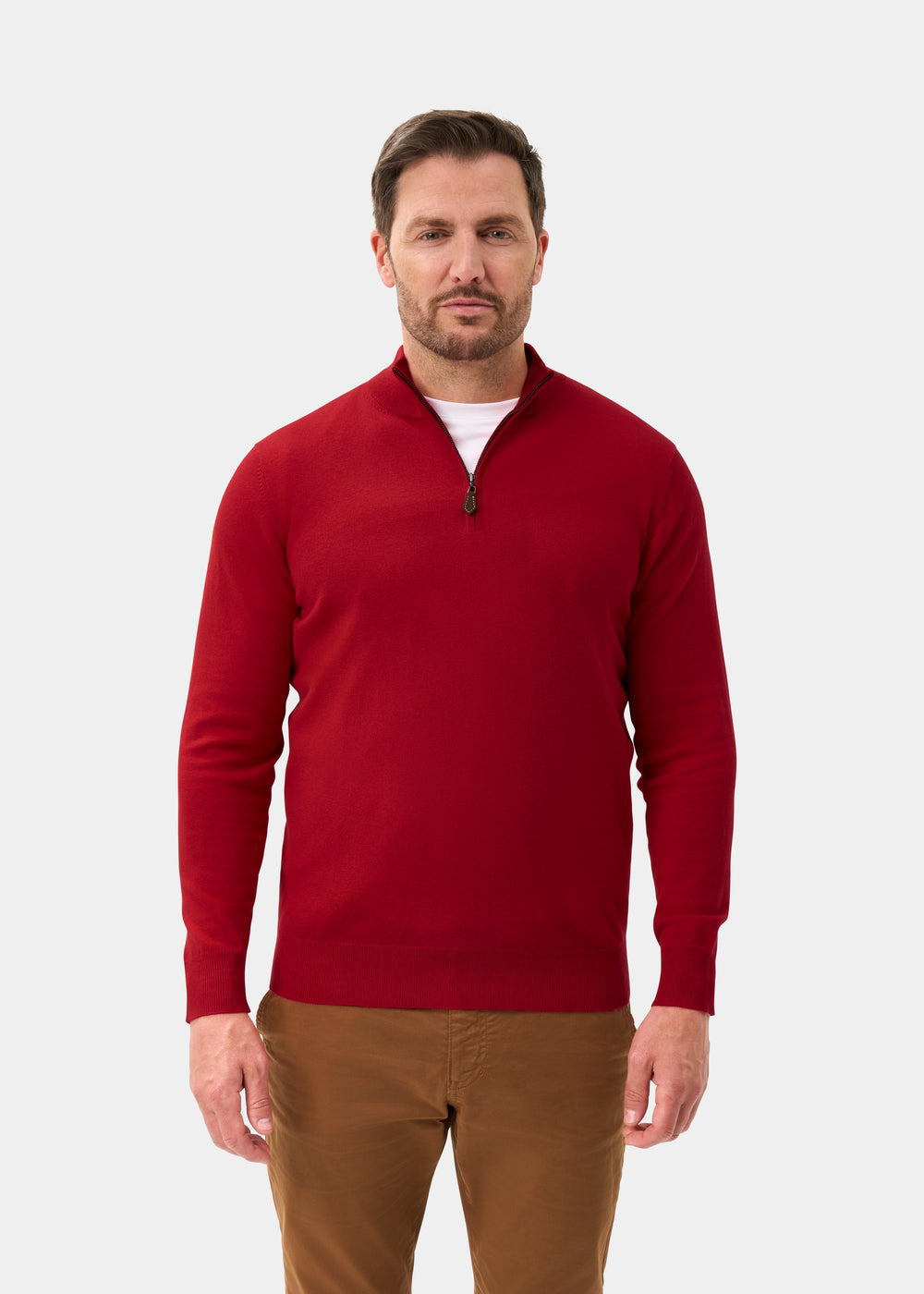 Men's Cotton Merino Quarter Zip Neck Jumper in Red