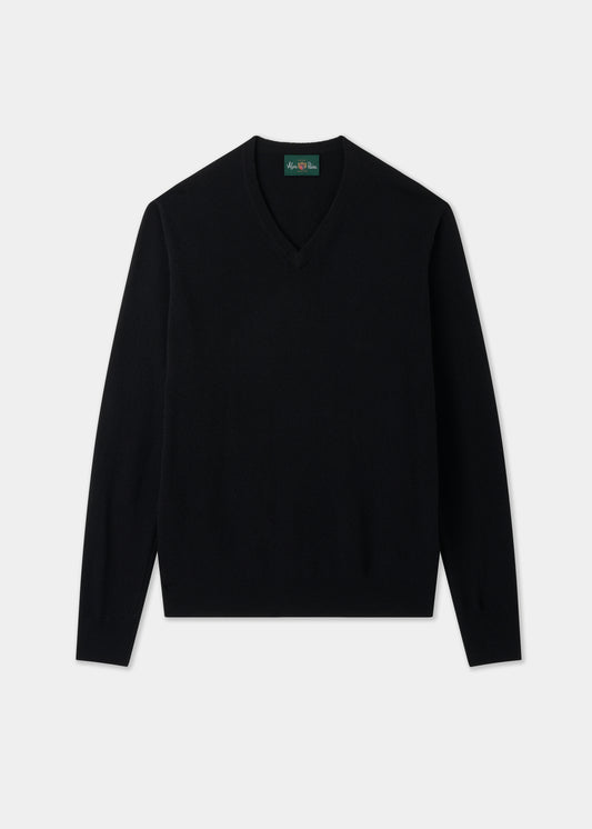 Men's Geelong Wool Vee Neck Jumper in Black