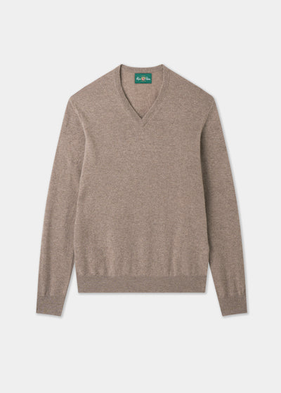 Men's Geelong Wool Vee Neck Jumper in Mushroom