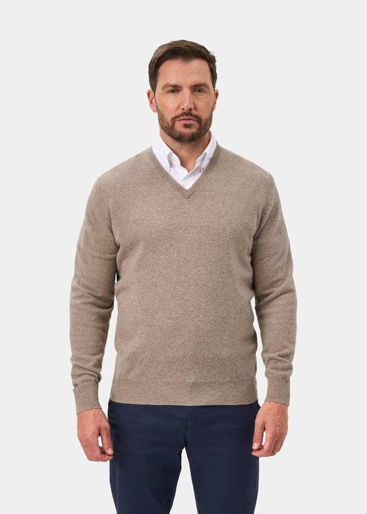 Albury Geelong Wool V-Neck Jumper In Mushroom - Regular Fit