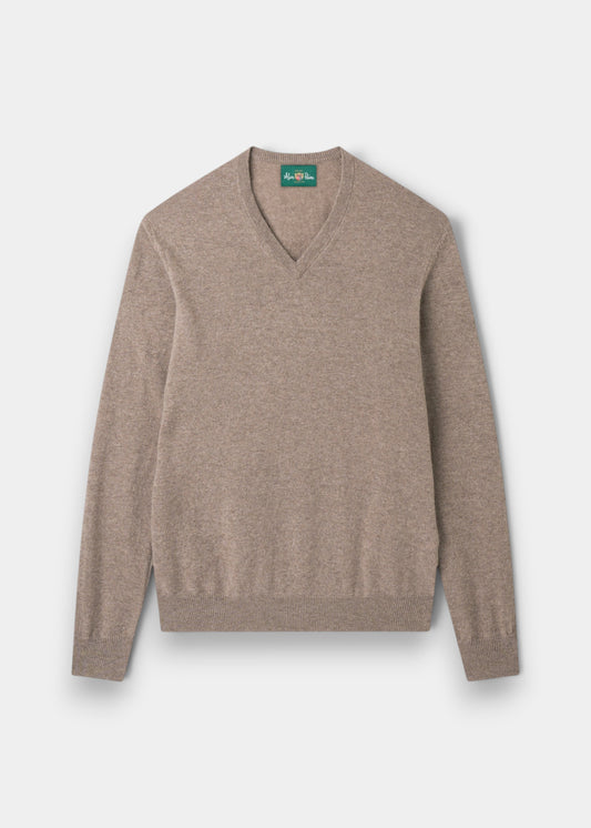 Men's Geelong Wool Vee Neck Jumper in Mushroom