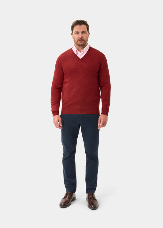 Men's Geelong Wool Vee Neck Jumper in Poppy Melange