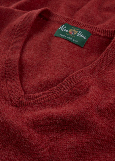 Men's Geelong Wool Vee Neck Jumper in Poppy Melange