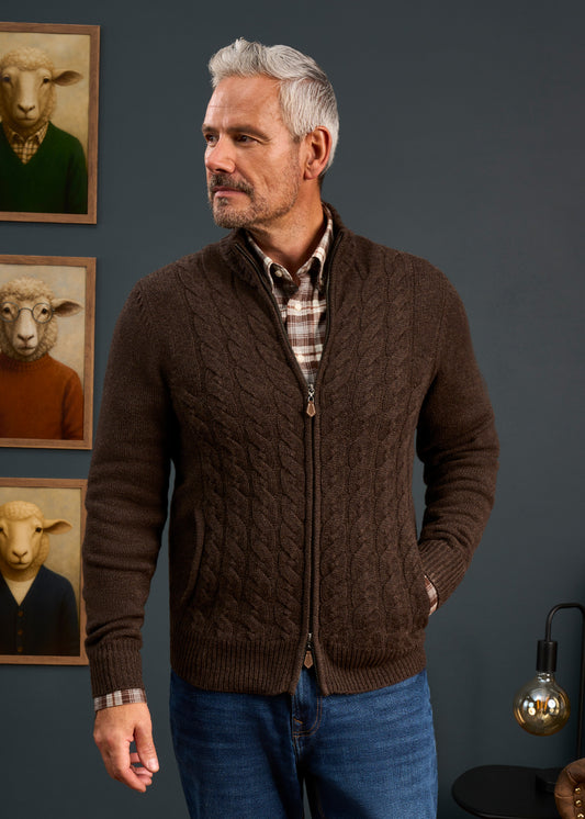 Mens-Lambswool-Cable-Front-Zip-Mock-Neck-Jumper-Brown